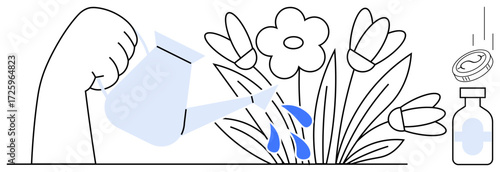 Hand pouring water on flowers while they bloom, symbolizing growth, care, and investment. Ideal for growth, nurturing, sustainability, success environment investment motivation concepts. A simple