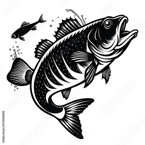 Black and White Silhouette of Predatory Fish with Bubbles and Motion