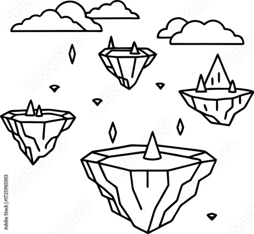 surreal floating rock islands illustration on transparent background