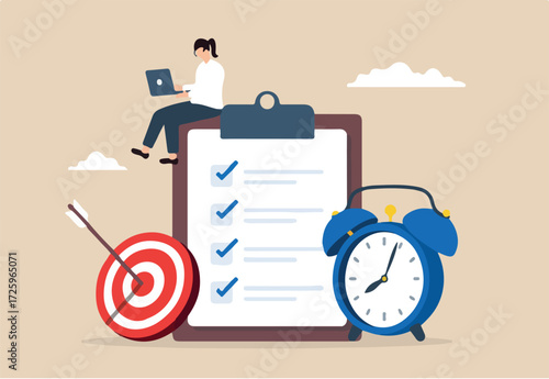 Flat illustration of productive businesswoman work on laptop with clipboard checklist alarm clock and bullseye target focusing project or time management