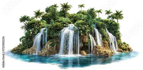 Tropical island with palm trees and cascading waterfalls, isolated on transparent cutout background