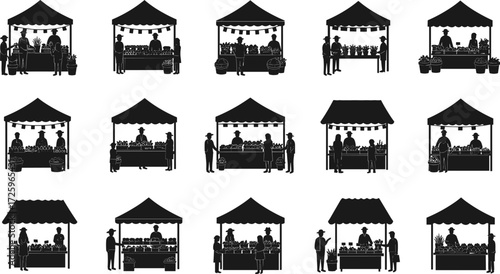 Black silhouette of a farmer's market booth with people selling and buying fresh organic fruits and vegetables from local sellers, vector illustration