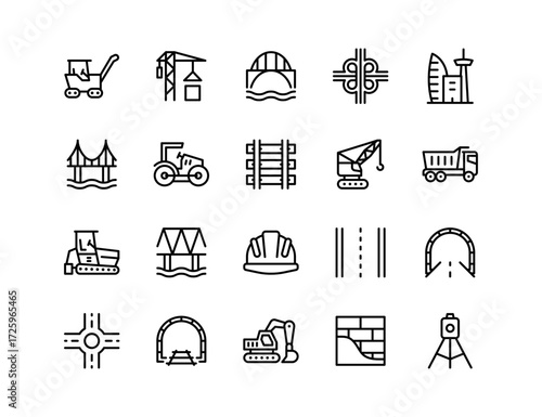 Civil Engineering Vector Icon Set | Adjustable Line Weight | Bridge, tunnel, interchange, crane, road, architecture, survey, concrete, excavator, bulldozer, structure, infrastructure, construction
