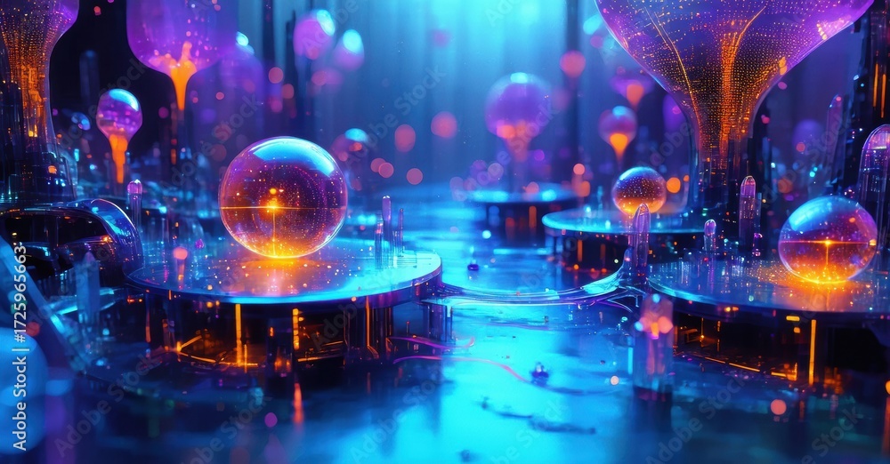 Fototapeta premium Futuristic cityscape. Glowing spheres float above platforms. Blue, purple hues dominate scene. Complex structures suggest advanced technology.