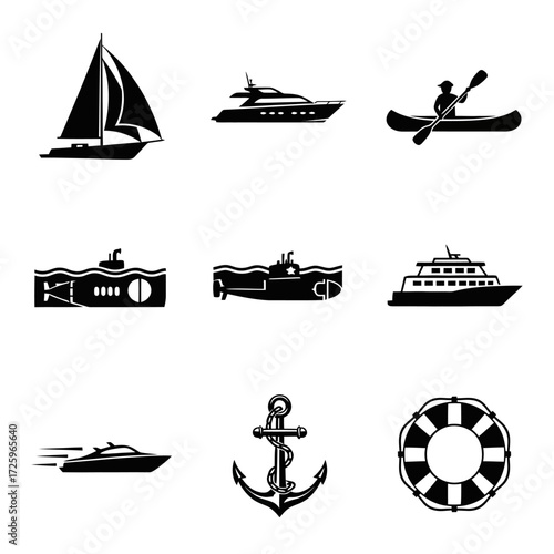 Collection of monochrome water transport and nautical icons.
