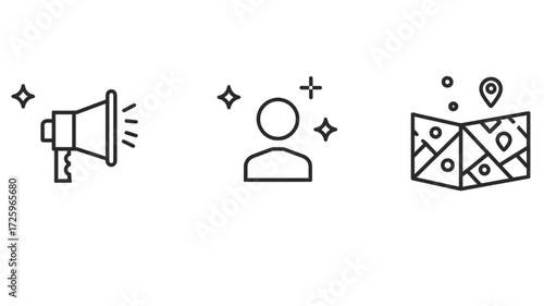 Set of three linear icons for marketing and navigation.