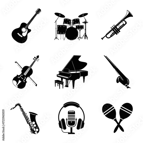 Musical Instruments Collection - Guitar, Drums, Trumpet, Violin, Piano, Saxophone, Microphone, Maracas.