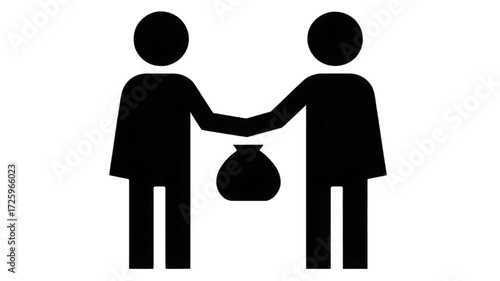 Two people shaking hands over a bag of money icon.