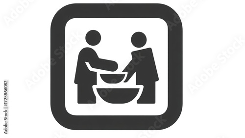 Simple icon of a person giving a bowl of food to another.