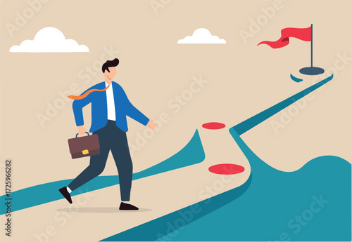 Flat illustration of businessman walks along winning plan journey aiming for career success