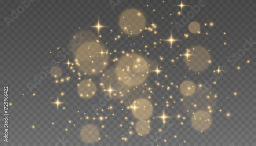 Gold glitter dust and bokeh lights. Golden sparkle overlay effect.