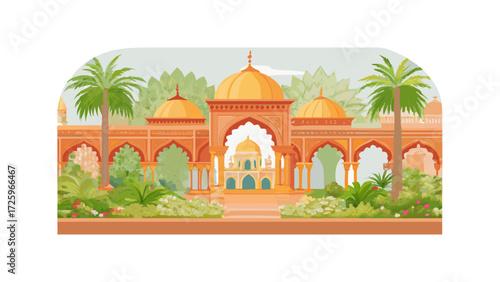 Illustration of a grand palace with golden domes surrounded by lush greenery and palm trees view