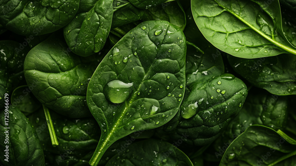 Fototapeta premium Fresh spinach leaves with water droplets on dark background highlighting their rich green color and texture