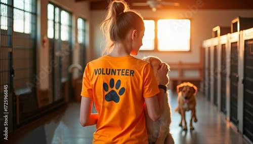 A volunteer in an orange shirt gently interacts with a dog in a shelter as the sun sets, creating a warm atmosphere for the animals around.