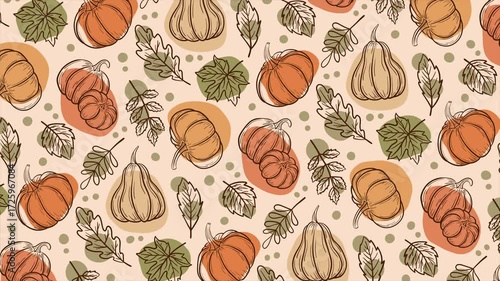 Autumn background with pumpkins and leaves on a seamless loop