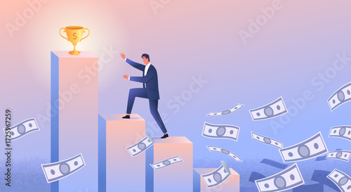 Businessman climbing the stairs to success vector illustration