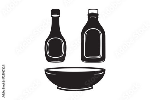 Two bottles and a bowl forming a smiley face