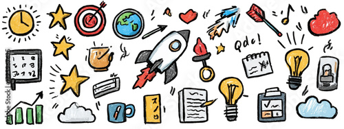 Colorful hand drawn doodle set for business startup and creative ideas.