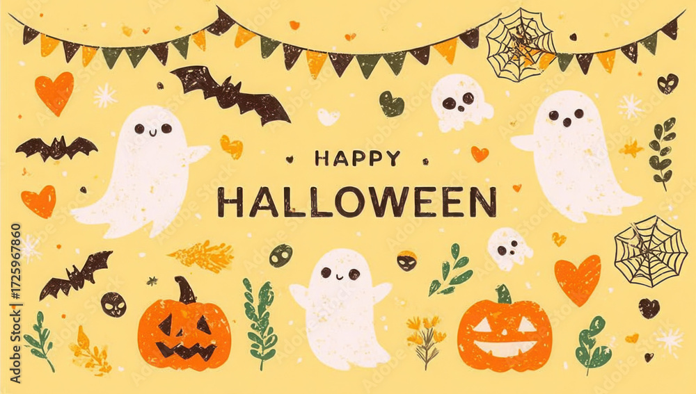 Fototapeta premium A charming Happy Halloween illustration featuring cute ghosts, jack-o'-lanterns, bats, and festive decorations on a yellow background.