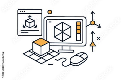Detailed overview of 3D modeling process on computer including graphic display and design tools
