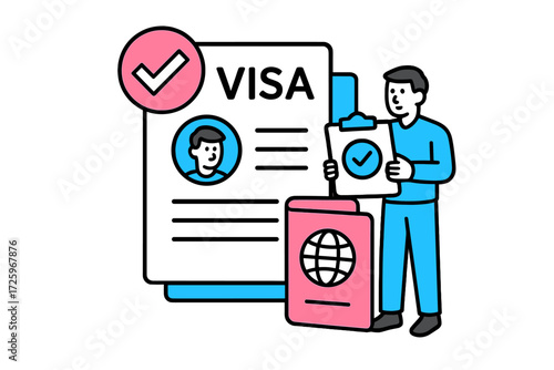 Visa application process with person holding documents and passport in modern design style