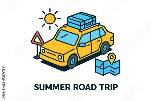 Summer road trip adventures with packed car and map under bright sun