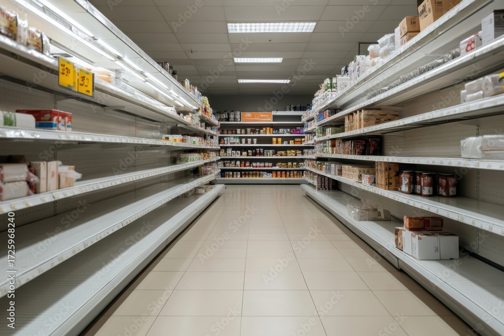 Obraz premium Supermarket aisle showing empty shelves after panic buying