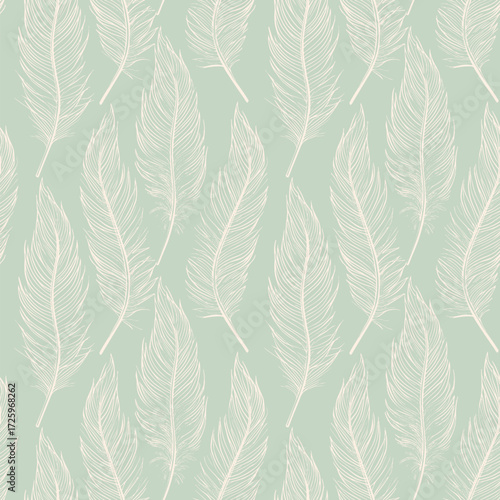 Vector seamless pattern with elegant feathers. Delicate botanical texture with white line art plumes on green background. Subtle nature design for textile, wallpaper, fabric, print, decor, cloth, wrap