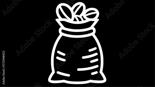 Simple line art icon of a burlap sack filled with coffee beans.