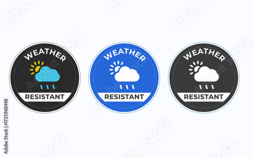 Vector art of weather resistant badge, showcasing protection from sun, cloud, and rain, ideal for product labeling and marketing, with a modern design