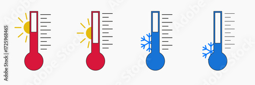 Vector art of thermometers indicating hot and cold temperatures red thermometers with suns indicate high temperatures, while blue thermometers with snowflakes indicate low temperatures
