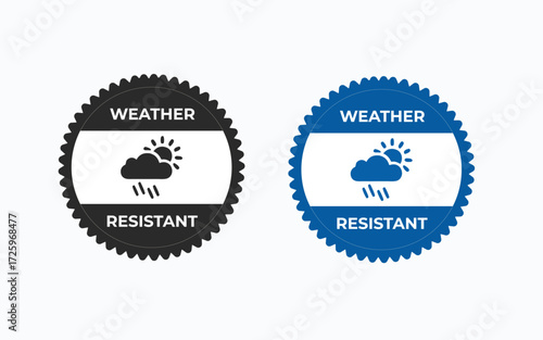 Vector art of weather resistant badge, featuring a cloud, sun, and rain, symbolizing protection from the elements in a modern and minimalist design