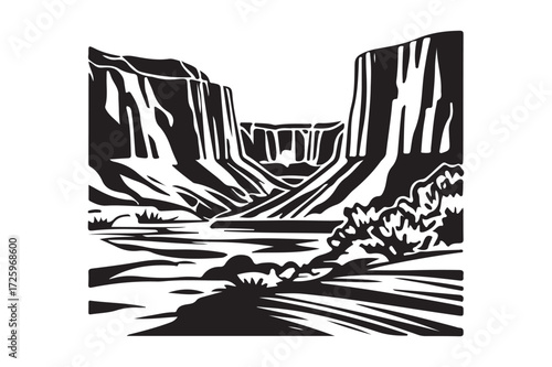 Dramatic black and white canyon landscape with river and trees