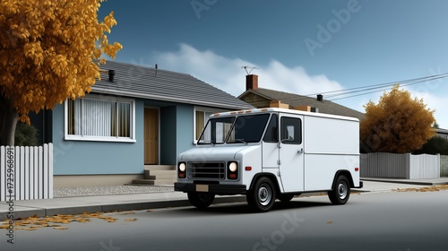 Delivery van parked in quiet suburban neighborhood unloading parcels, minimal vector illustration, peaceful environment, modern courier service concept