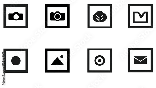 Collection of eight black square minimalist user interface icons.