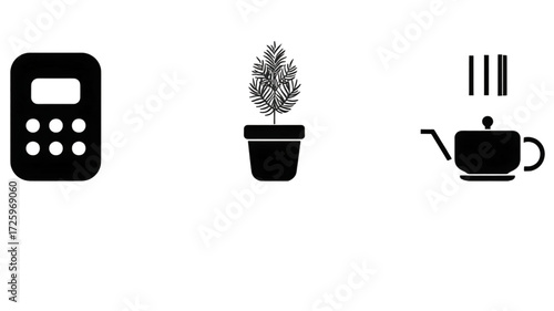 Set of three minimalist icons calculator plant and teapot.