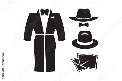 Classic black suit and hats with pocket squares