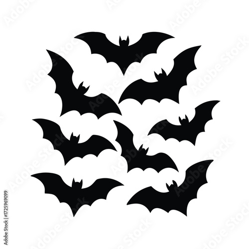 Spooky Halloween Silhouette Delight A Collection of Black Bats on a White Canvas Unleashing Eerie Charm and Festive Frights