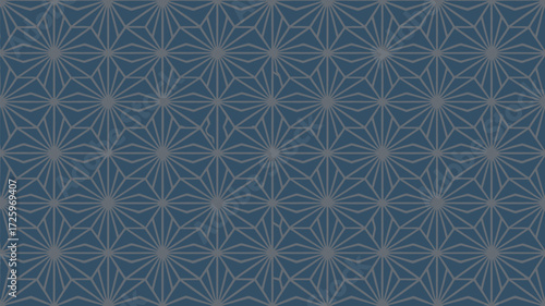 Geometric pattern featuring starbursts and triangular shapes on a blue background in a seamless design