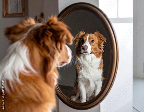 Dog looking at reflection in oval mirror