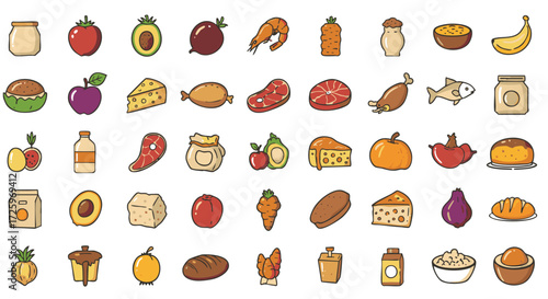 A collection of various food items, including fruits, vegetables, and prepared dishes, presented in a colorful and illustrative style.