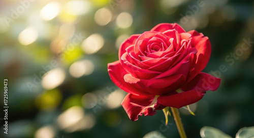 A single vibrant red rose in full bloom, bathed in warm sunlight with a blurred bokeh background, showcasing its delicate petals and rich color.