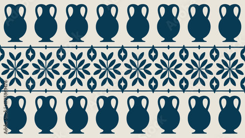 Pattern with rows of dark blue amphoras and floral designs on a light beige background surface art