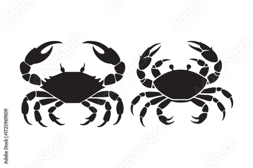 Two black silhouette crabs facing each other on white background