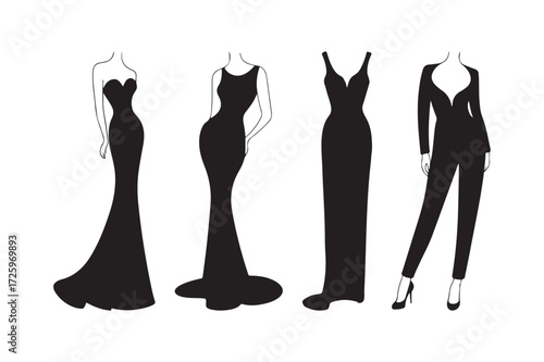Elegant black evening gowns and pantsuit fashion illustration