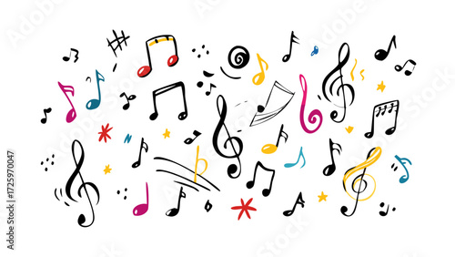 Illustration of various colorful musical notes and symbols scattered on a white background in a playful style