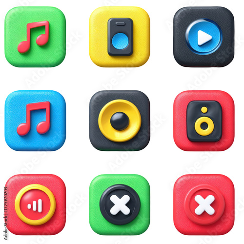 Collection of 3D music and audio application icons.