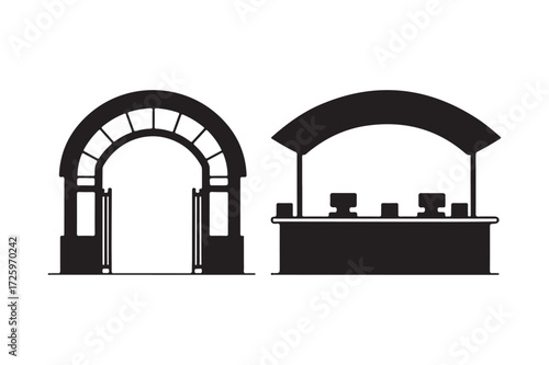 Silhouette of an archway and a market stall