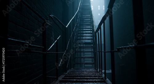 Perspective view of a narrow metal ladder or fire escape stretching upwards between tall buildings in a dark, foggy urban alleyway.