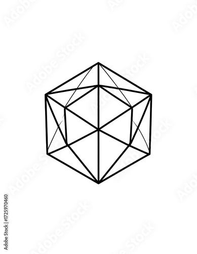 Geometric, abstract, black line drawing of a multifaceted 3D shape